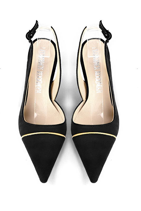Matt black and gold women's slingback shoes. Pointed toe. Medium spool heels. Top view - Florence KOOIJMAN